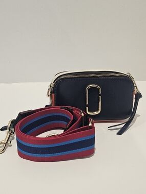 Navy Crossbody Camera Bag with Striped Strap